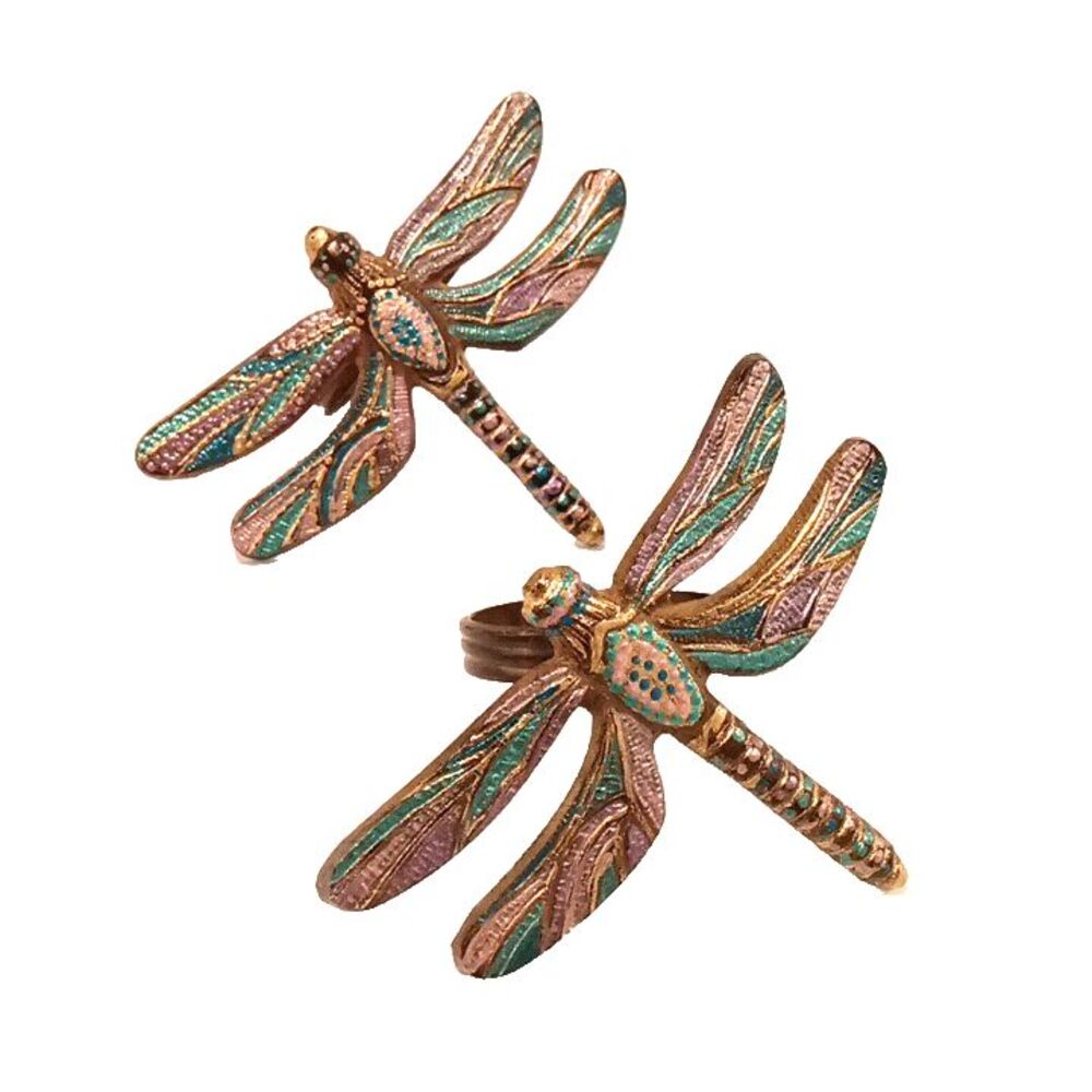 Vintage Hand Painted Enamel Dragonfly Napkin Rings Set of 2 Heavy Non Magnetic